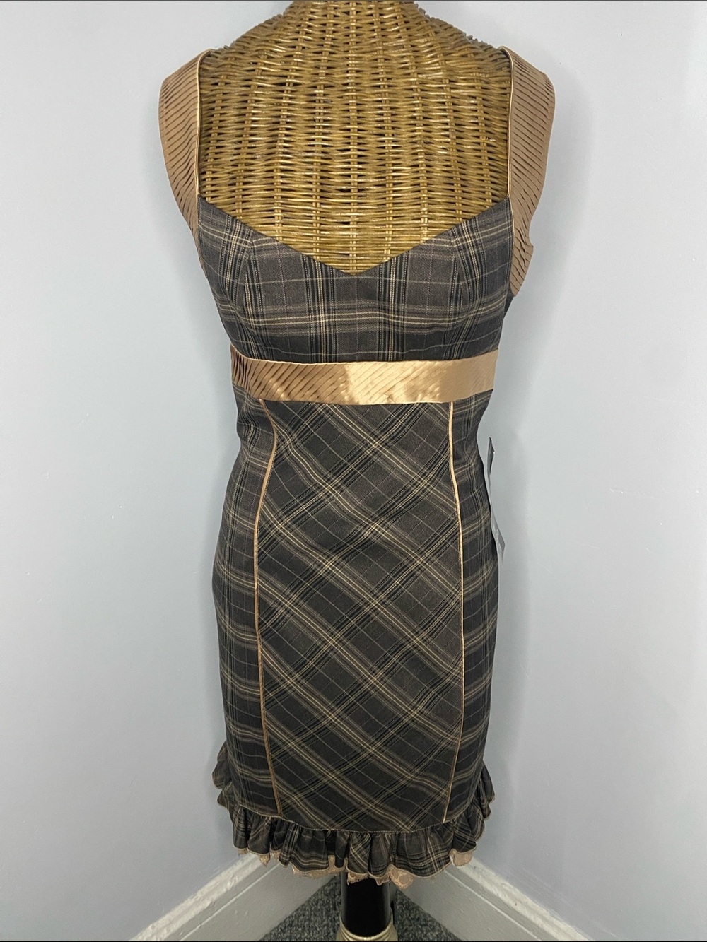 BEBE Brown Plaid Halter Dress with Tan Trim. New with tags.